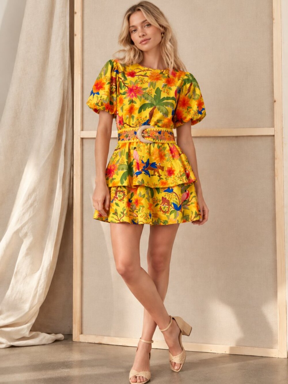 Farm Rio Belted Tiered Mini Dress